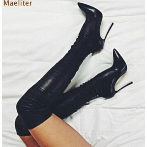 Ladies Top Brand Black PU Suede Pointed Toe Long Boots Over-the-knee Thin Metal Heels Thigh High Boots Slim Fit Bange Boots