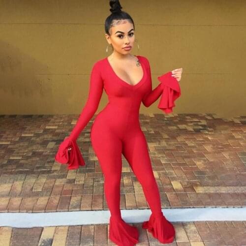 Echoine Flare Sleeve Slim Bodycon Women Jumpsuit Sexy V-neck Elegant Rompers Flare Pants Red Skinny Playsuit Club Outfits Autumn