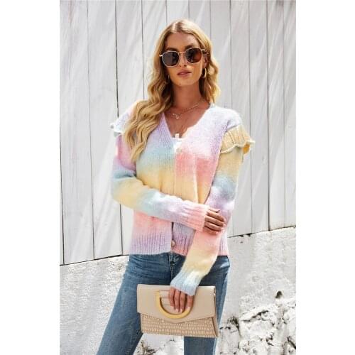 2021 Autumn Winter New Womens Sweater Rainbow Tie-dye Cardigan Knitted Large Size Wood Ear Sweater Coat Trend