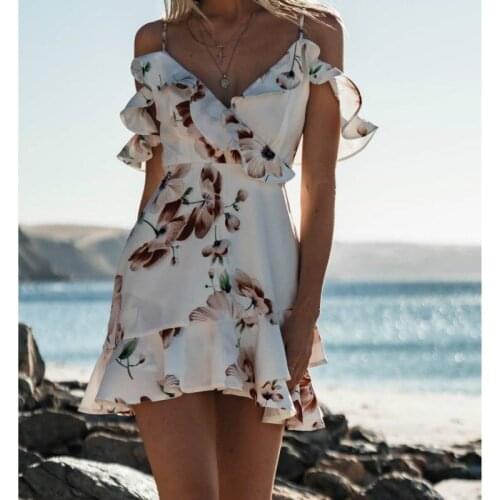 Women Summer Boho Printd Ruffled Mini Dress Boho Beach Dress Sundress