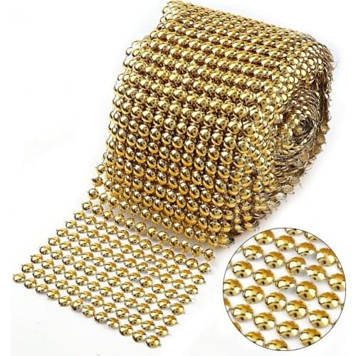 1Yard 12 Rows 9mm Half Round Gold Rhinestone Mesh Trim ABS Plastic Punk Style Trimming Sew On For DIY Craft Jewelry Decoration