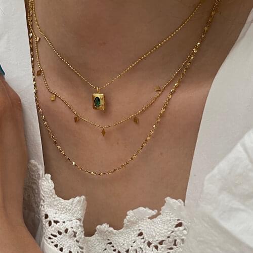 2pcs/set Brass With 18K Square Green Color Layered Chain Necklace Women Jewelry Designer T Show Runway Gown Rare INS Japan