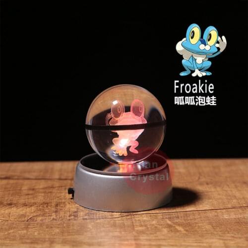 Anime Pokemon Froakie Pokeball Engraving Round Crystal Ball with LED Light Crystal Base Poke Ball Toys