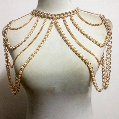 CHRAN Fashion Women Sexy Gold Color Body Necklace Chain Charm Multi Layer Faux Pearl Shoulder Slave Belly Belt Harness Jewelry