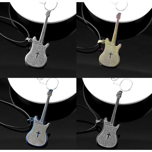 Spanish Bible Lords Prayer Men Titanium Steel Guitar Necklace Women Musical Instrument Bass Pendant Unisex Jewelry Gift Trendy
