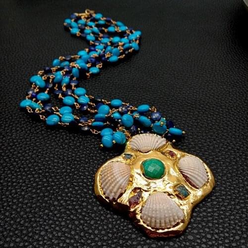 KKGEM 58.4cm 3 strands Lapis Rosary Blue Turquoise Wrap Chain Necklace White Shell Green Jade Pendant necklace