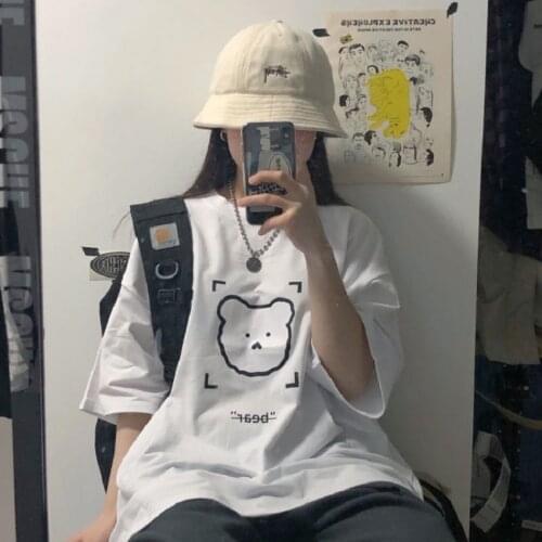 Korea Ulzzang bear cartoon print tees punk casual loose hip hop Harajuku tops plus size kawaii clothing gothic female t-shirt