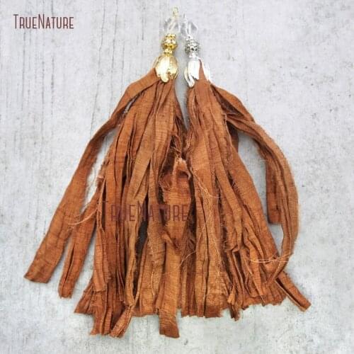 Brown Sari Silk Tassel Pendant Gold Silver Tulip Cap Tassel Pendant Sari Silk Ribbon Pendant PM14662