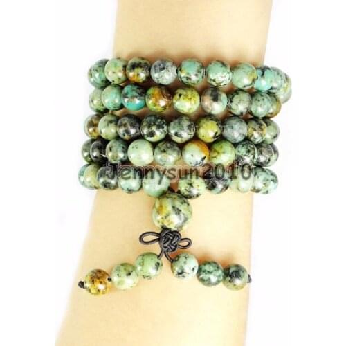 Natural African Tur-quoise 8mm Gem Stone Buddhist 108 Beads Prayer Mala Multi-Purpose Stretchy Bracelet Necklace 2Strands/Pack