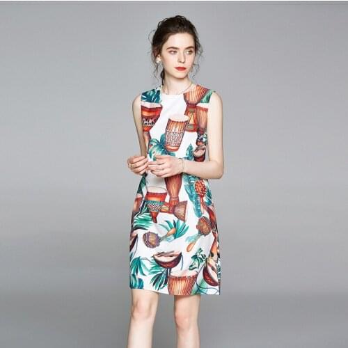 New Summer Ethnic Holiday Women Sleeveless Leaf Print Dress Casual O-Neck Beach Tank Party Dress Female Loose Vestidos k5540