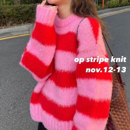 Autumn Loose Casual All-match Pullovers Candy Color Striped Sweaters Women O Neck Long Sleeve Pull Femme Knitted Tops Shirts