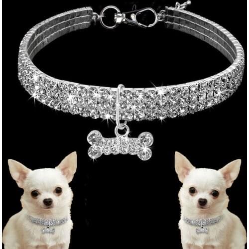 Puppy Rhinestone Choker Necklace Collar Fancy Pet Dog Shiny Crystal Collar Neckband Bone Pendant DogNeck Band