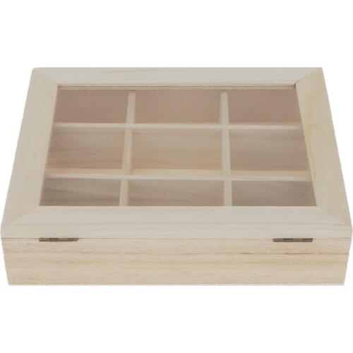 Plain Unpainted Wooden 9 Grids Glass Lid Storage Box Jewelry Chest Craft DIY