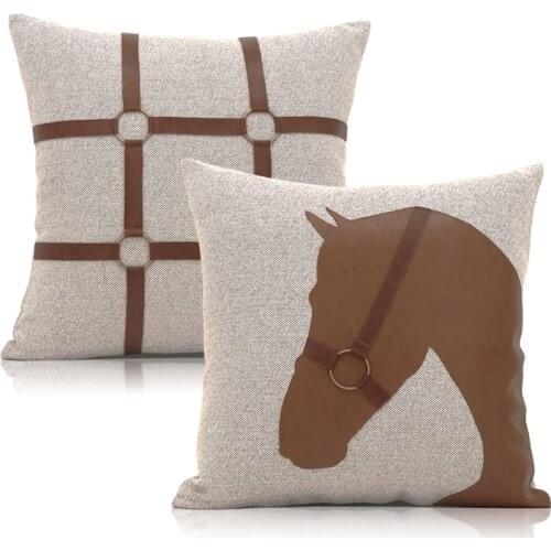 45x45cm simple brown horse cushion cover cotton linen pu leather buckle waist pillowcase throw pillow cover for backrest