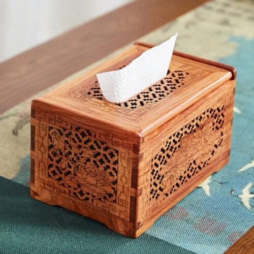 Carved Rosewood Wood Tissue Boxes Relief Decorative Paper Box Chinese Desktop Tissues Organizer Home Decoration Modern Ornaments