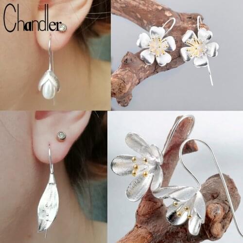 Chandler Silver Color Long Flower Drop Earrings For Girls Statement Cherry Flora Earring Simulated Pearl Pendientes Bijoux