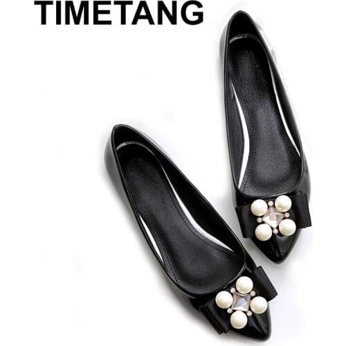 TIMETANGPlus Size Woman Flat Shoes Crystal Pearls 35-43 Rhinestone Pointed Toe Sweet Bow Flats Leather Loafers Women Patent Shoe