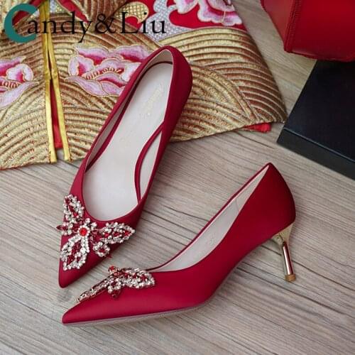 Wedding Shoes Childrens New Brides Red Crystal Stone Butterfly Gold Heels Pointed Toe Lovely Nice Good Lady Classic Pumps