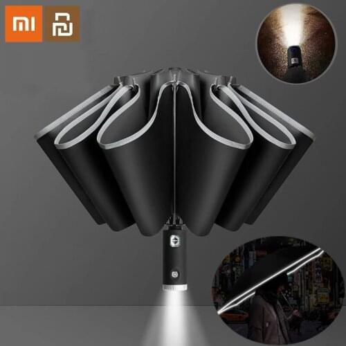 Xiaomi Umbrella Womens Automatic Umbrella Male LED Automatic With Reflective Stripe 3-Folding Inverted 10 Ribs UV Umbrellas