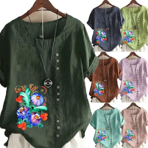 Womens New Fashion Linen Shirt Round Neck Short Sleeve Flowers Printed T-shirt Summer Ladies Casual Plus Size Blouse Tops