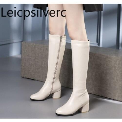 Womens Boots The New winter fashion zipper Round head mid heel High tube Womens shoes plus size 32-45 Heel Height 5cm black