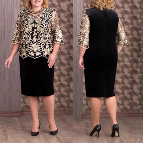 Plus Size Women Dress Elegant Mom Fake Two Piece Set O Neck Half Sleeve Lace Bodycon Knee-length Suit Dresses Summer 2021