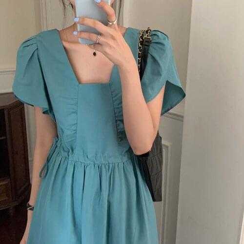 2021 Summer New Korean Fashion WomenS Dress French Elegant Sweet Square Neck Pleated Drawstring Waist Office Ladies' Dress Robe