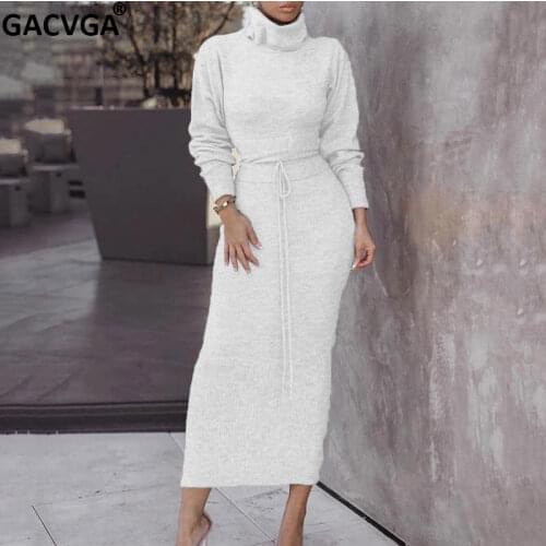 GACVGA Two Piece Set Knit Women Long Dress Turtleneck Elegant Office Dress 2020 Autumn Winter Casual Lady Sexy Bodycon Dress