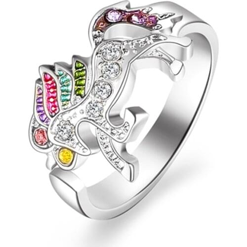 1 PC Colorful Unicorn Ring Women Girl Cartoon Unicorn Adjustable Alloy Rhinestone Finger Ring Fashion Jewelry Accessories Gift
