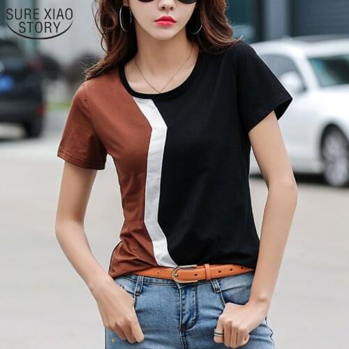 2021 Summer Simple Casual Short Sleeve Womans Shirts O-Neck Color Stitching Fashion T-shirt Office Ladys Korean Tops Female