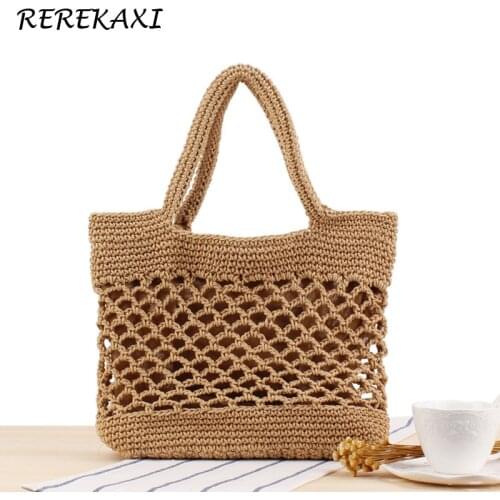 Bohemia Women Net Bags Handmade Handbag Summer Straw Beach Bag Cotton Rope Weaving Female Shopping Tote Top-handle Mesh Bag