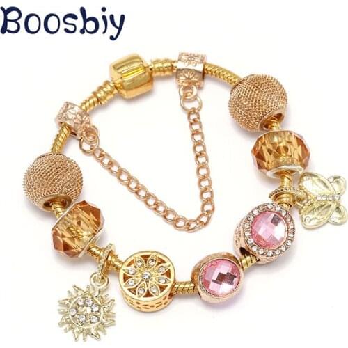 Boosbiy Gold Color Charms Bracelets With Sun & butterfly Beads Pendants Fit Brand Bracelet for Women Fashion Jewelry Gift