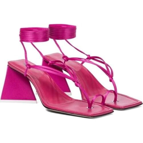 Designer Sandalias Mujer Square Toe Strange Thick High Heels Shoes For Women Colorful satin winding Lace Rope stripper Sandals