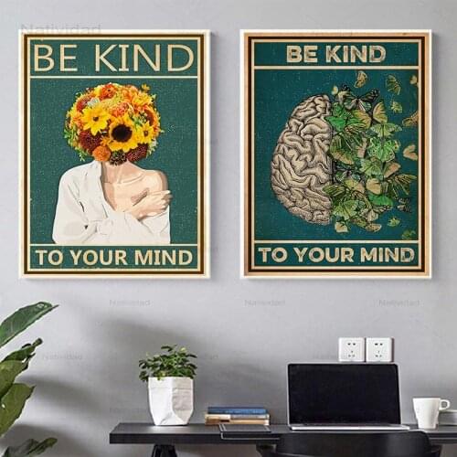 Be Kind To Your Mind Letters Photos Vintage Canvas Posters and Prints Mental Health Painting Wall Art Pictures Home Decoration