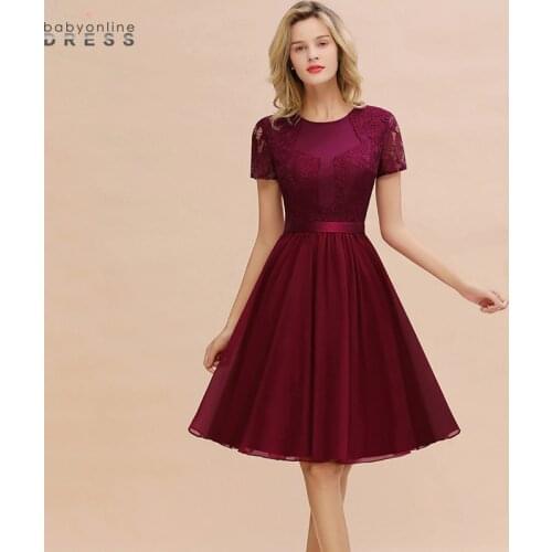 Elegant Short Sleeve Burgundy Lace Homecoming Dresses with Belt Sweet Chiffon Short Graduation Dresses Vestido Curto
