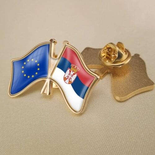 European Union and Serbia Crossed Double Friendship Flags Lapel Pins