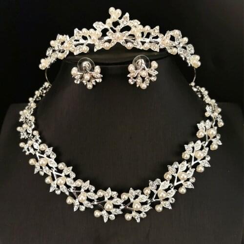 Imitation Pearl Wedding Set Womens Clothing Accessories Bride Silver Color Necklace Earrings Crown Three-piece Set