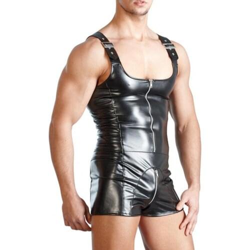 Sexy Men Jumpsuit Men Overalls Men Sleeveless Open Crotch Faux Leather Zipper Bodysuit Shorts Jumpsuit Casual Fashion Work Wear