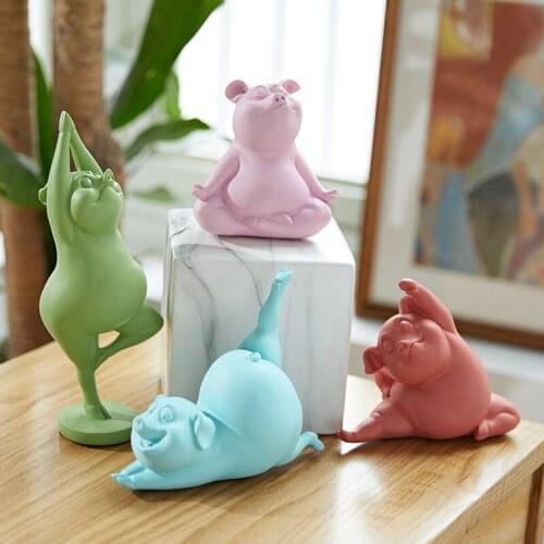 Creative Yoga fat pig Statue Resin sculpture Crafts Simple Living Room Ornaments Home Office Store Decors Decorations