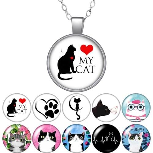 Cute Cats Love Pets Footprints Round Pendant Necklace 25mm Glass Cabochon Silver plated Jewelry Women Birthday Gift 50cm