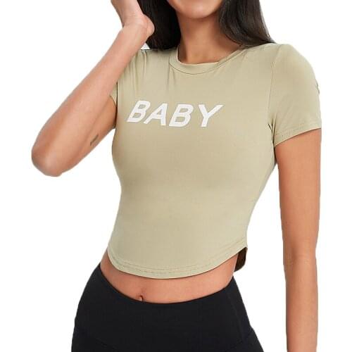 Letter Print Tight Yoga Shirts Short Sleeve Gym Clothes Sportswear Naked Feel Women Fitness Crop Top Slim Running Sports T-shirt