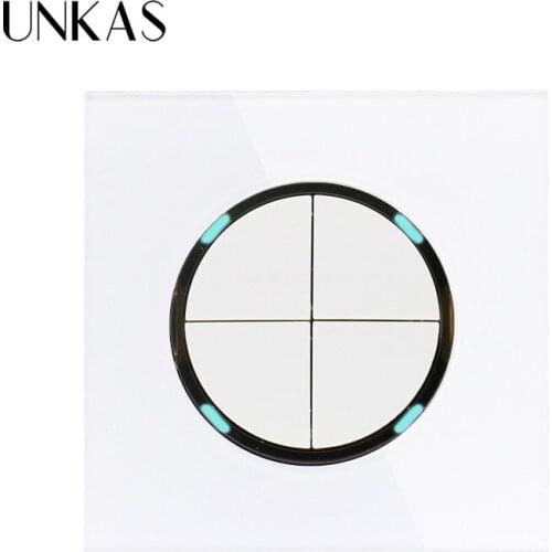 UNKAS 2019 New Arrival Crystal Glass Panel 4 Gang 1 Way Random Click On / Off Wall Light Switch With LED Indicator