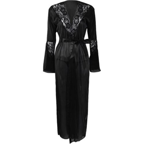 Q1FA Womens Sexy Long Kimono Dress Lace Bath Robe Lingerie Ice Silk Nightdress Solid