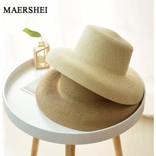 MAERSHEI Hot Summer Women Boater Beach Hat Female Casual Panama Hat Lady Brand Classic Flat Bowknot Straw Sun Hat Women Fedora