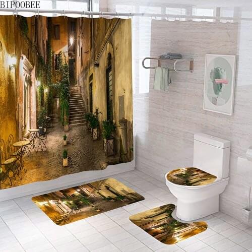 Street Night View Fabric Shower Curtains Durable Mildew Proof Bathroom Curtain Toilet Lid Cover Non Slip Carpet Bath Mats Rugs