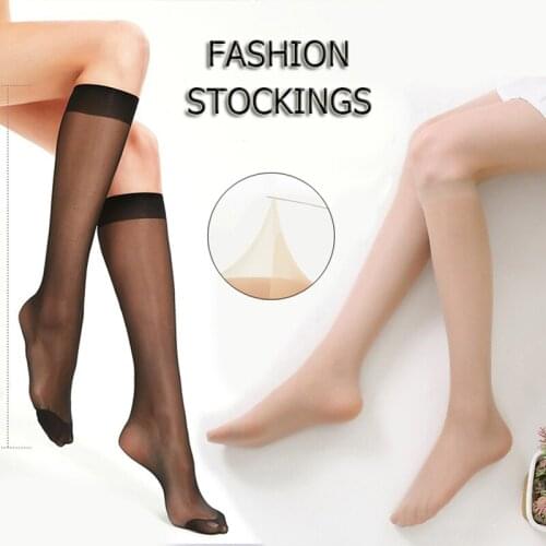 High Elastic Women Knee Highs Socks Solid Brand Nylon Stockings Ultrathin Transparent Over The Knee Socks Female Stocking