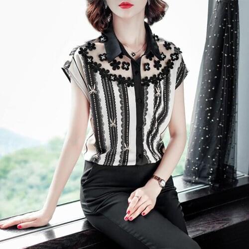 Women Spring Summer Style Chiffon Blouses Shirts Lady Casual Short Sleeve Mesh Patchwork Chiffon Blusas Tops ZZ0331