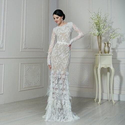 Appliques Lace Flowers Feather Long Sleeve Elegant Mermaid Wedding Dresses With Picture Veil Vestido De Noiva Sereia