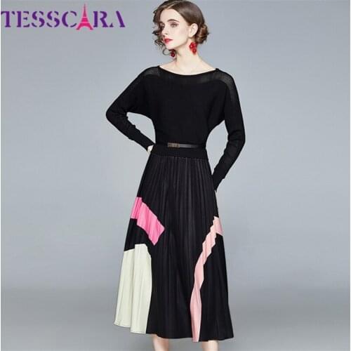 TESSCARA Women Spring & Autumn Elegant Pleated Dress Festa High Quality Long Party Robe Femme Vintage Designer Sweater Vestidos