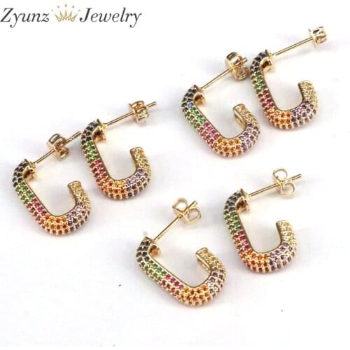 3 Pairs, Dainty Women Jewelry Gold Color Copper CZ Stud Earrings Micro Paved Rainbow Cubic Zirconia Fashion Wedding Party Gift